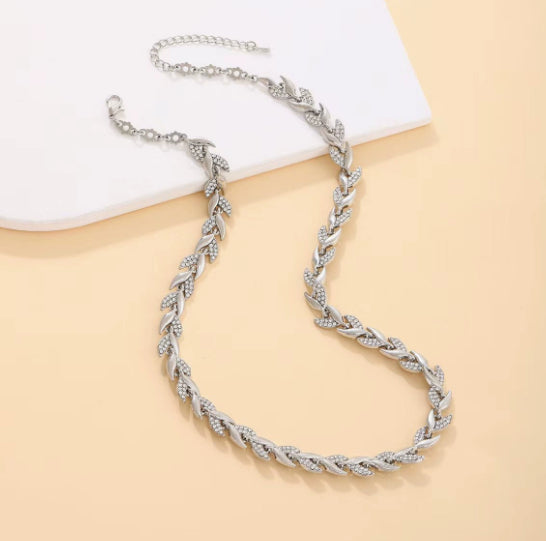 2-Piece Glass Leaf Jewelry Set | Rhinestone Necklace & Bracelet