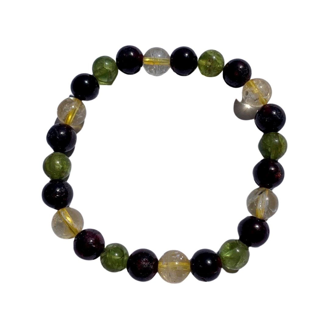 Success Manifestation Bracelet 8 mm Round Garnet and Citrine, 7 mm Peridot Beads