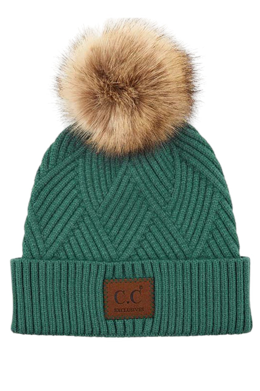 C.C Women's Heather Beanie Hat With Faux Fur Pom + Suede Patch