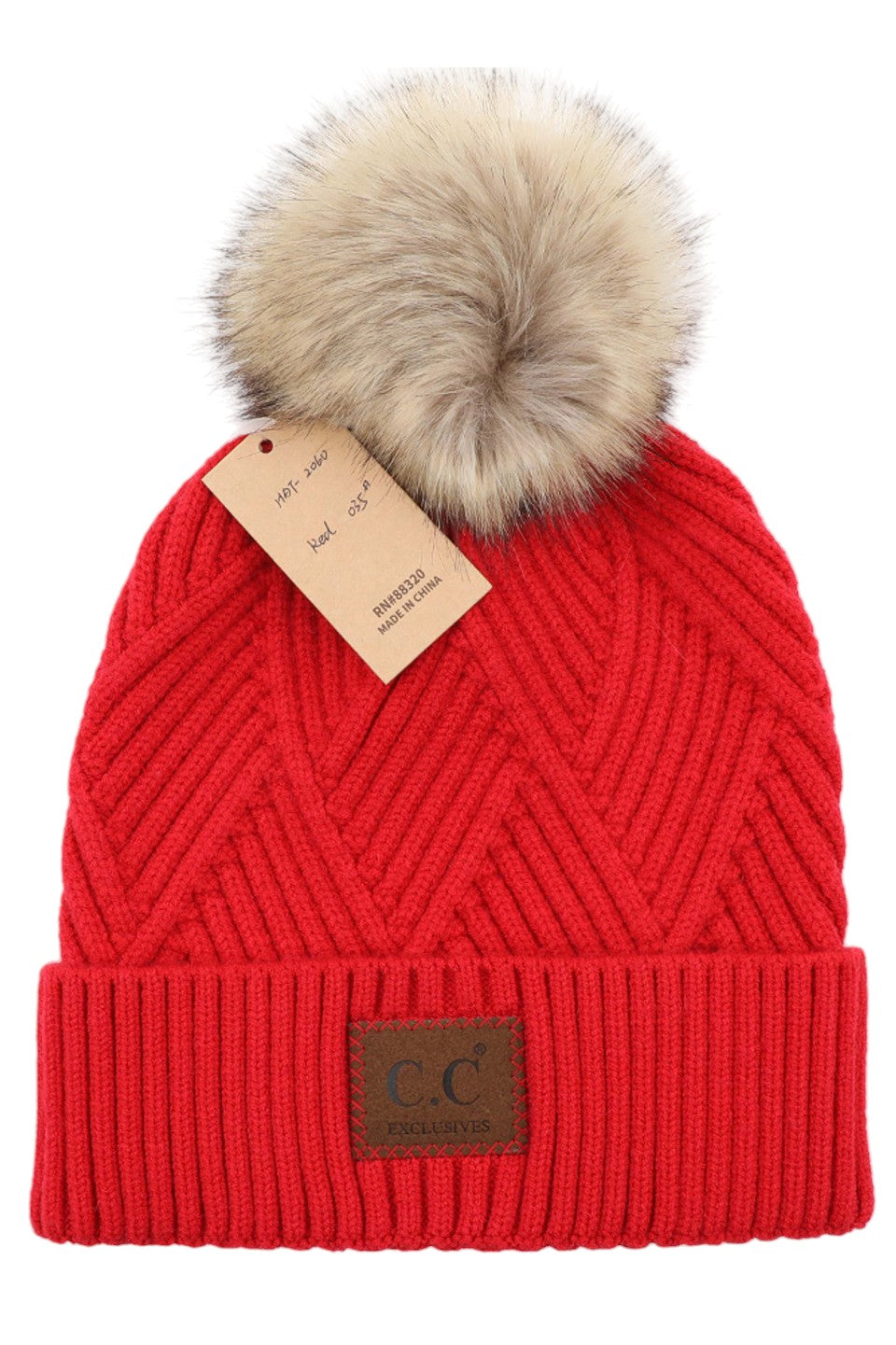 C.C Women's Heather Beanie Hat With Faux Fur Pom + Suede Patch