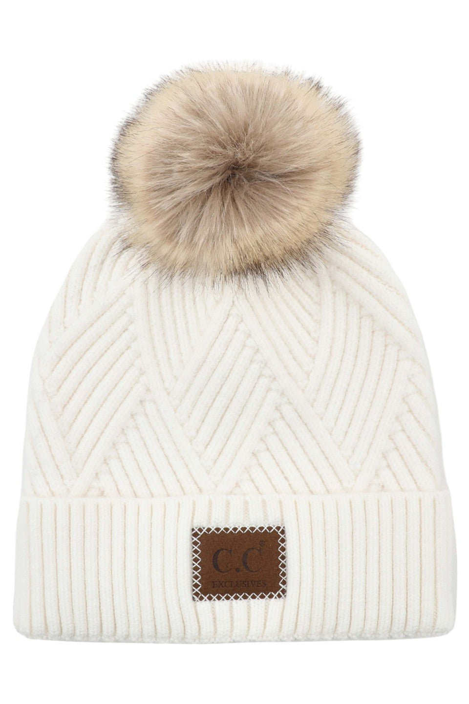 C.C Women's Heather Beanie Hat With Faux Fur Pom + Suede Patch