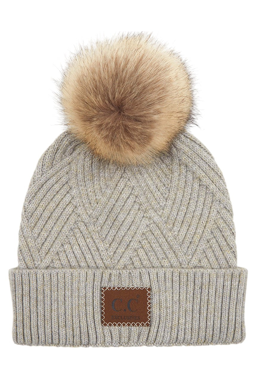 C.C Women's Heather Beanie Hat With Faux Fur Pom + Suede Patch