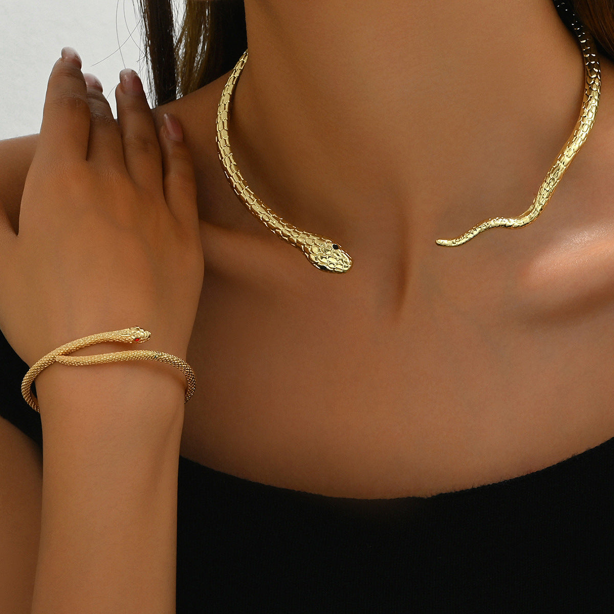 Minimal Cross-border European American Women Jewelry Set, Unique Snake Shape Inlaid Cubic Zirconia Design, Alloy Choker Necklace & Bracelet Daily Ornaments For Ladies