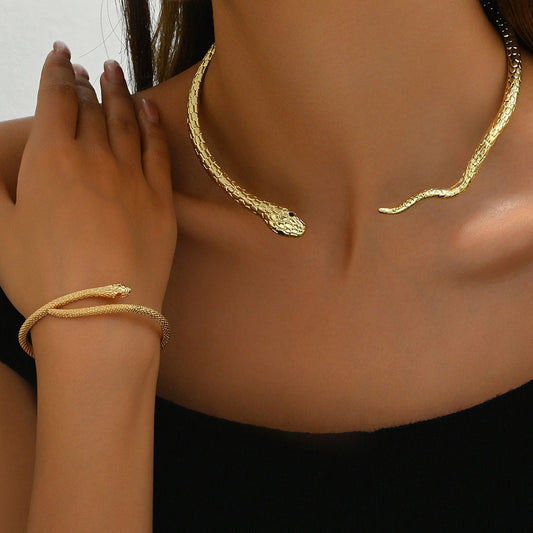 Minimal Cross-border European American Women Jewelry Set, Unique Snake Shape Inlaid Cubic Zirconia Design, Alloy Choker Necklace & Bracelet Daily Ornaments For Ladies