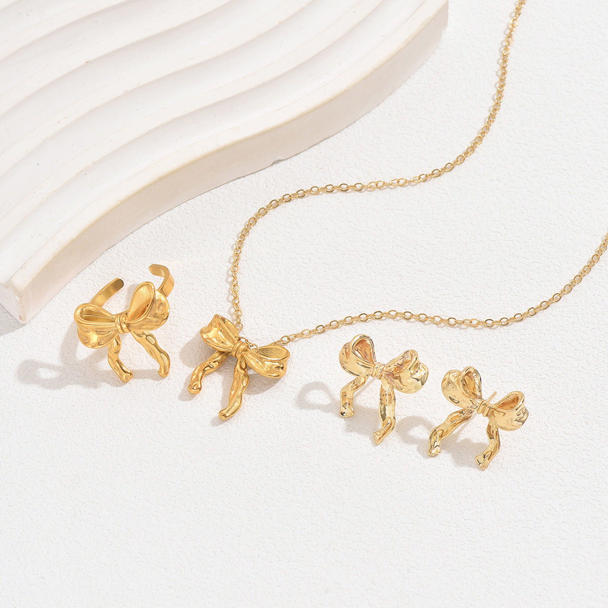Fashion European American Office Lady Jewelry Set, Niche Bow Design Elegant Matching Earrings & Pendant Necklace For Women Daily Wear