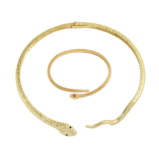 Minimal Cross-border European American Women Jewelry Set, Unique Snake Shape Inlaid Cubic Zirconia Design, Alloy Choker Necklace & Bracelet Daily Ornaments For Ladies