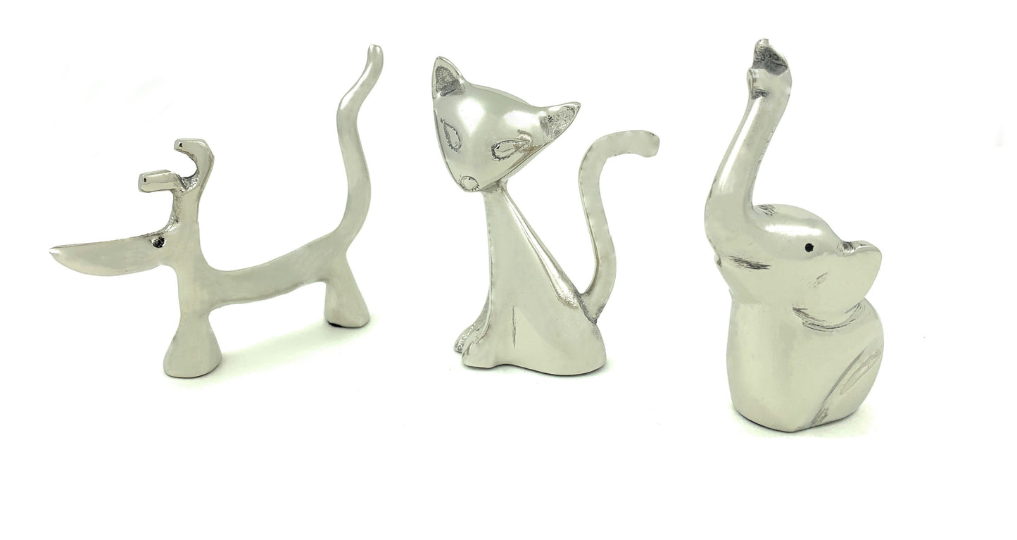 Dog, Cat & Elephant Ring Holders Set - Silver