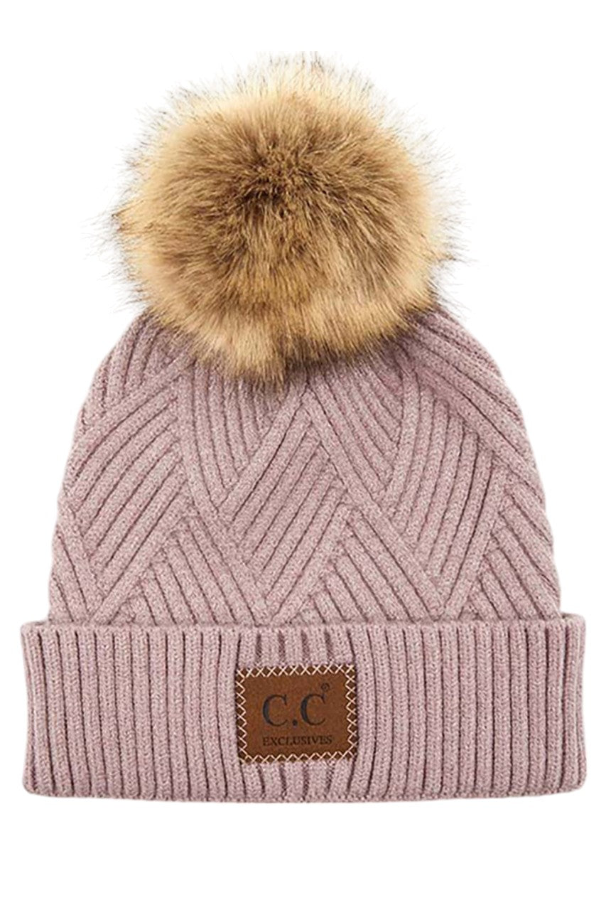 C.C Women's Heather Beanie Hat With Faux Fur Pom + Suede Patch