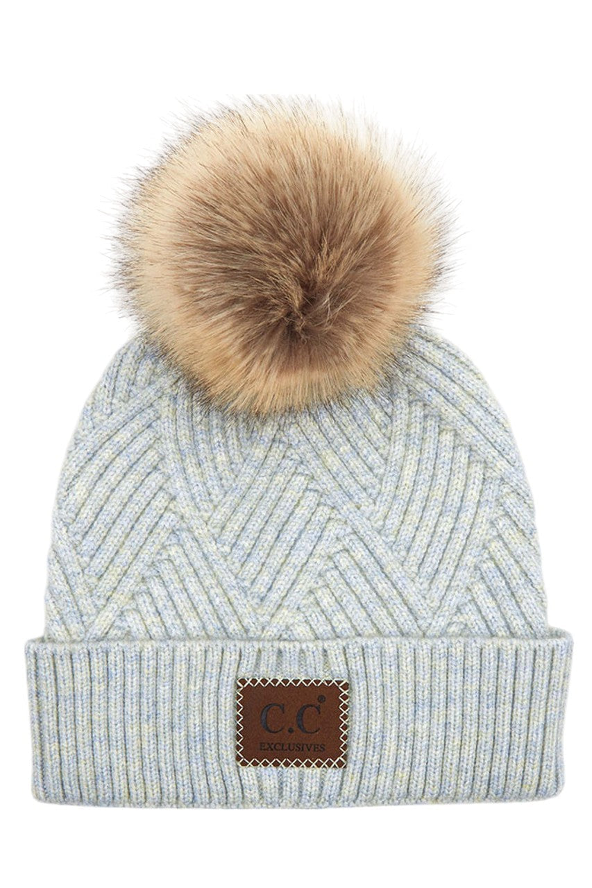C.C Women's Heather Beanie Hat With Faux Fur Pom + Suede Patch