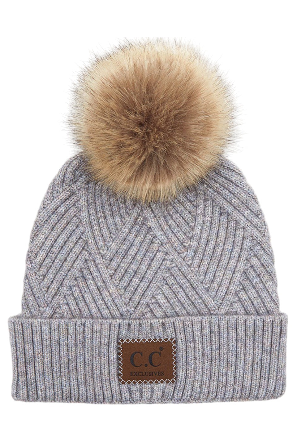C.C Women's Heather Beanie Hat With Faux Fur Pom + Suede Patch