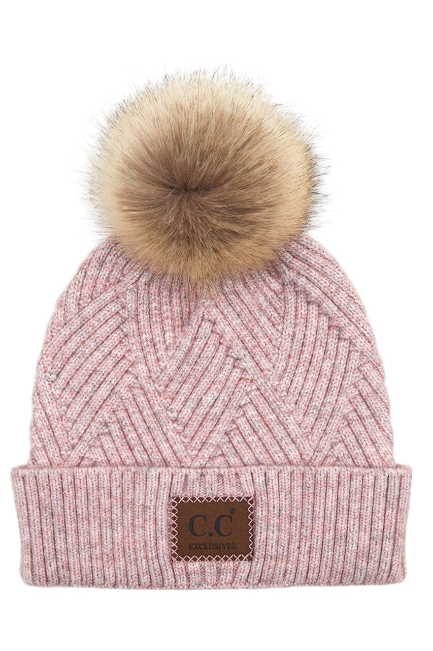 C.C Women's Heather Beanie Hat With Faux Fur Pom + Suede Patch