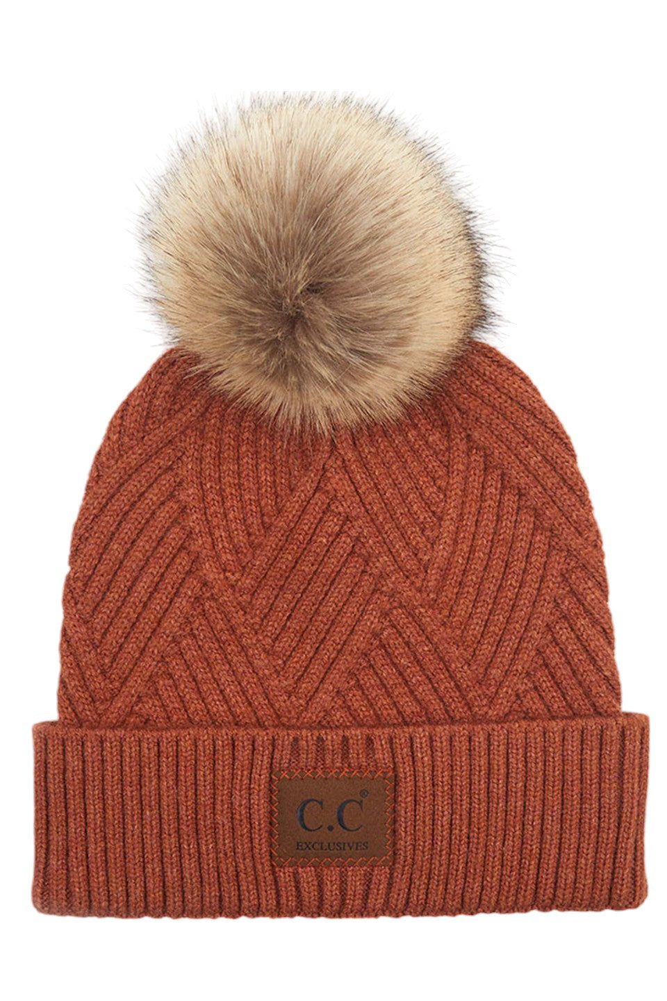 C.C Women's Heather Beanie Hat With Faux Fur Pom + Suede Patch