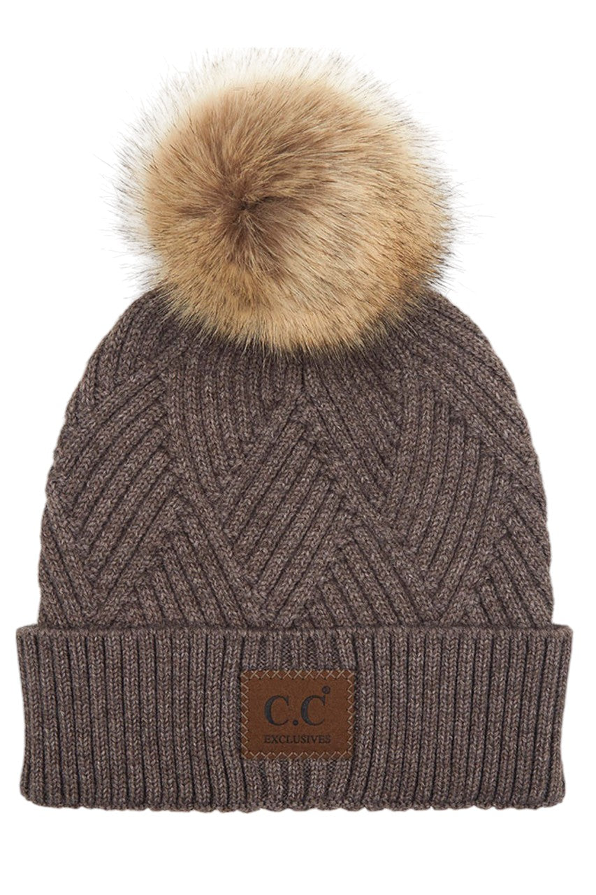 C.C Women's Heather Beanie Hat With Faux Fur Pom + Suede Patch