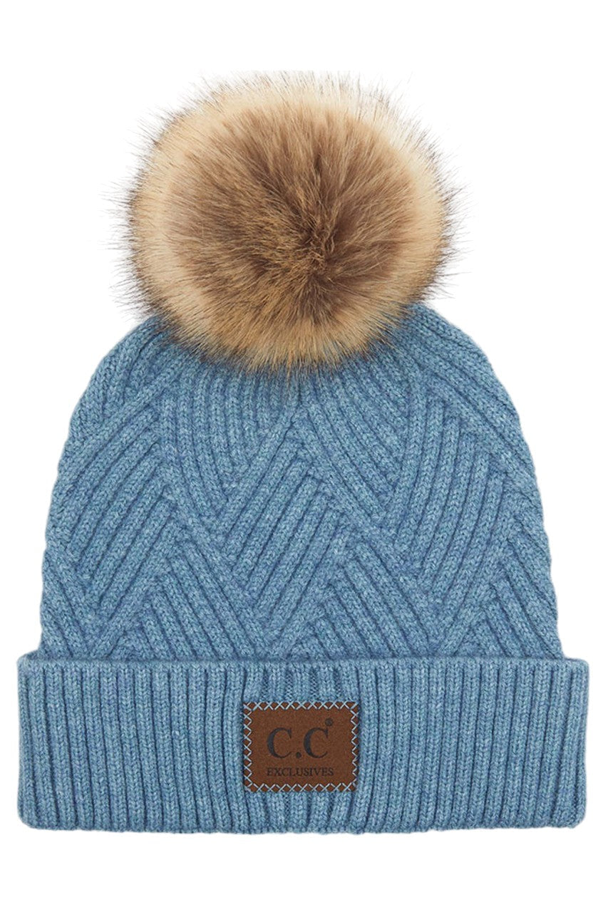 C.C Women's Heather Beanie Hat With Faux Fur Pom + Suede Patch
