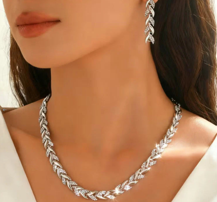 2PCS Glass Leaf Necklace Set Elegant Rhinestone Chain Necklace Bracelet For Women Fashion Luxury Jewelry Set