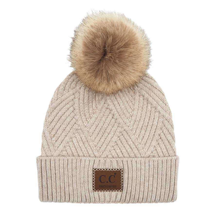 C.C Women's Heather Beanie Hat With Faux Fur Pom + Suede Patch