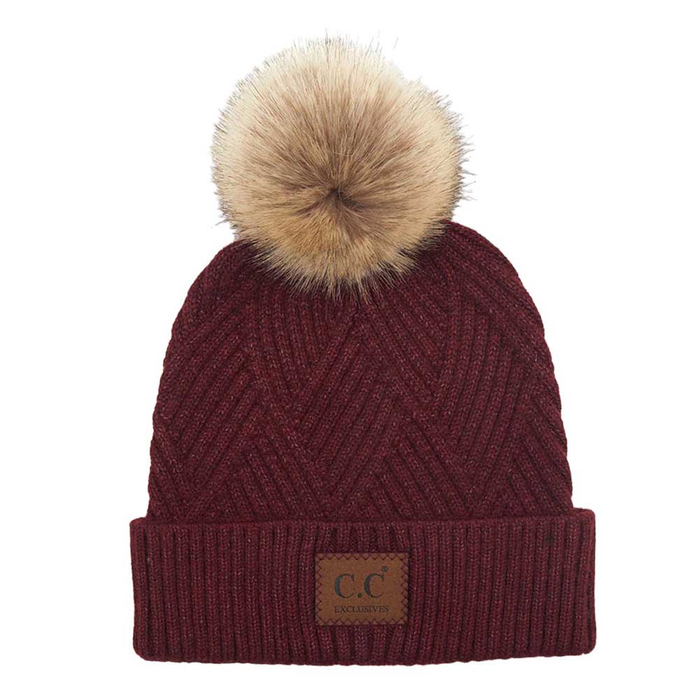 C.C Women's Heather Beanie Hat With Faux Fur Pom + Suede Patch