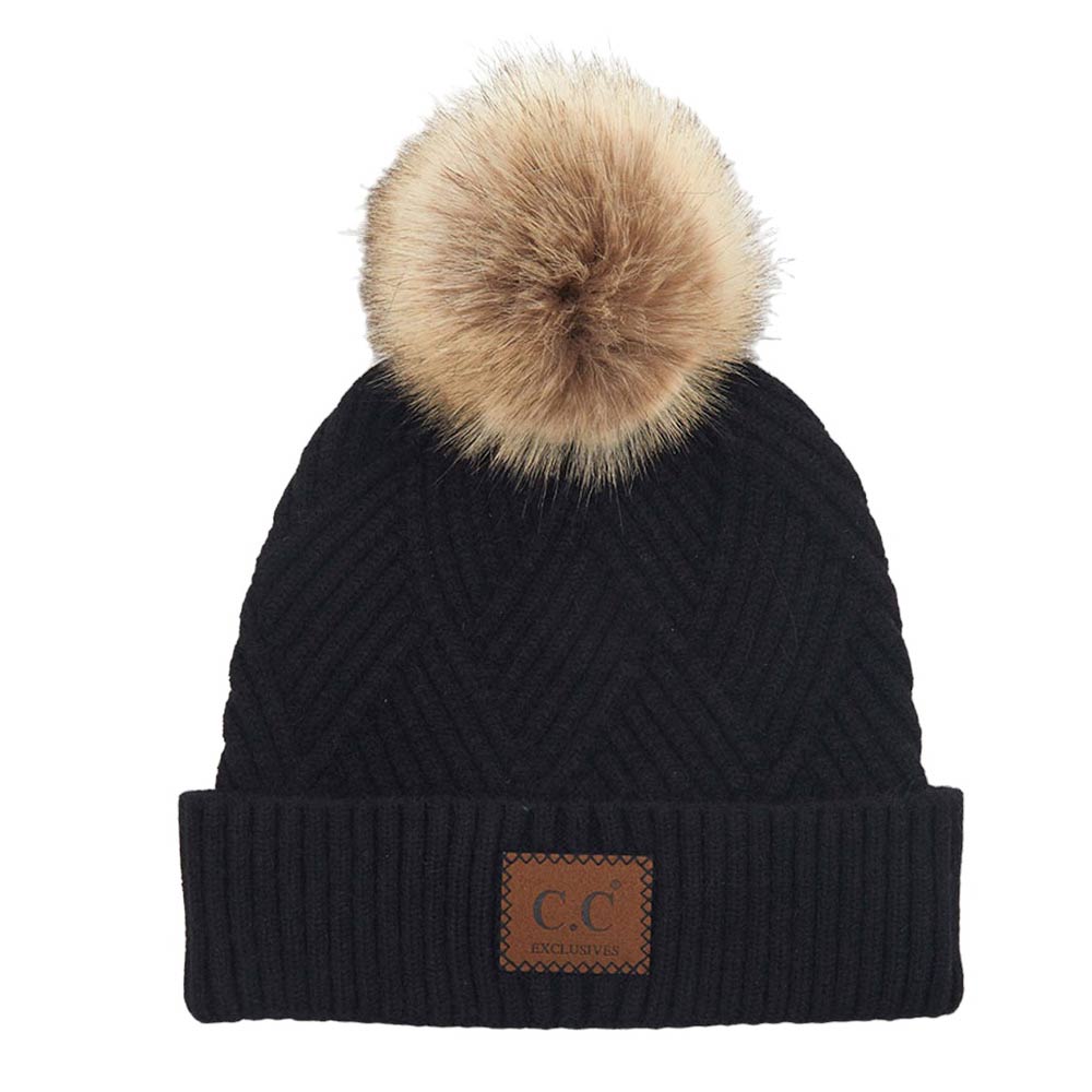 C.C Women's Heather Beanie Hat With Faux Fur Pom + Suede Patch