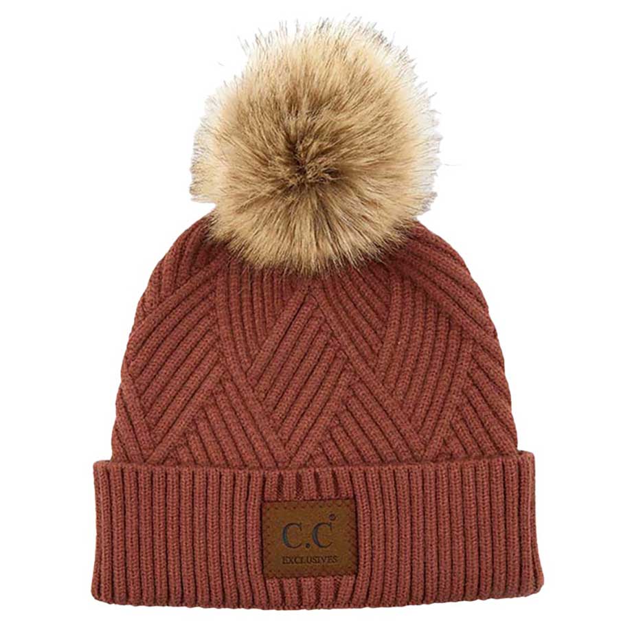 C.C Women's Heather Beanie Hat With Faux Fur Pom + Suede Patch