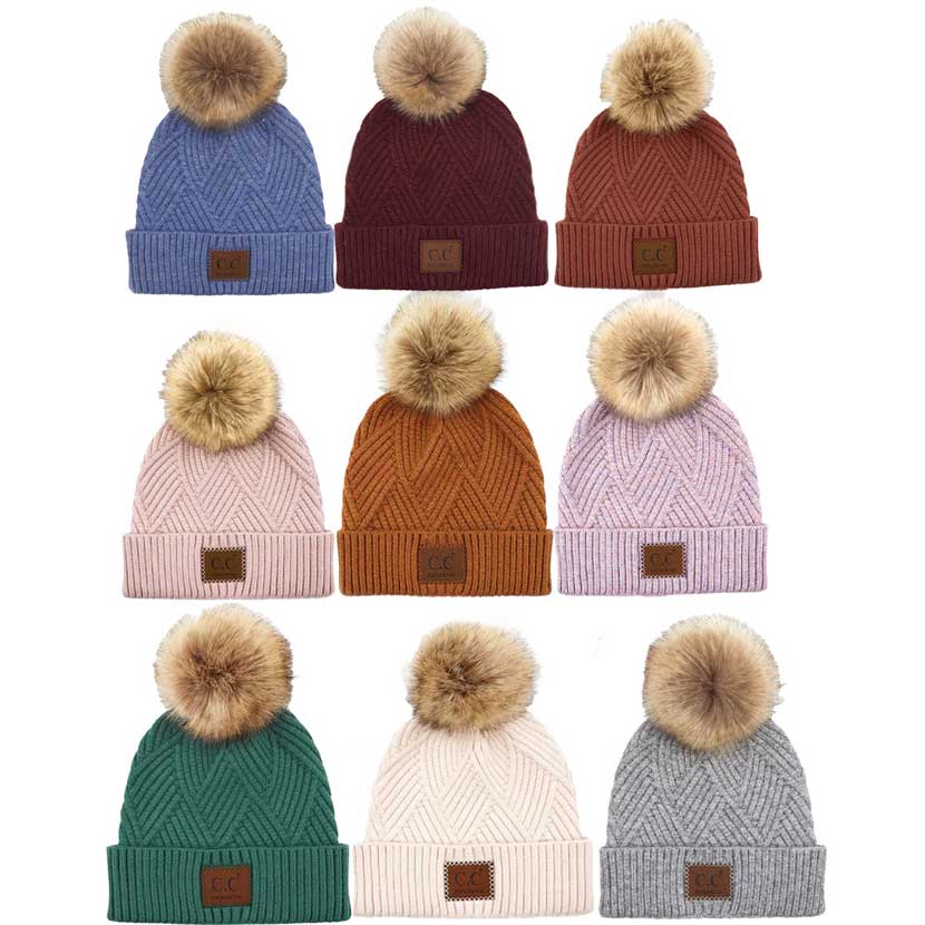 C.C Women's Heather Beanie Hat With Faux Fur Pom + Suede Patch
