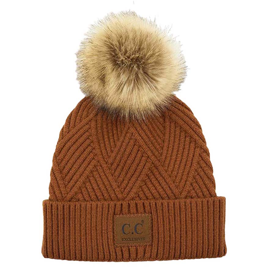 C.C Women's Heather Beanie Hat With Faux Fur Pom + Suede Patch