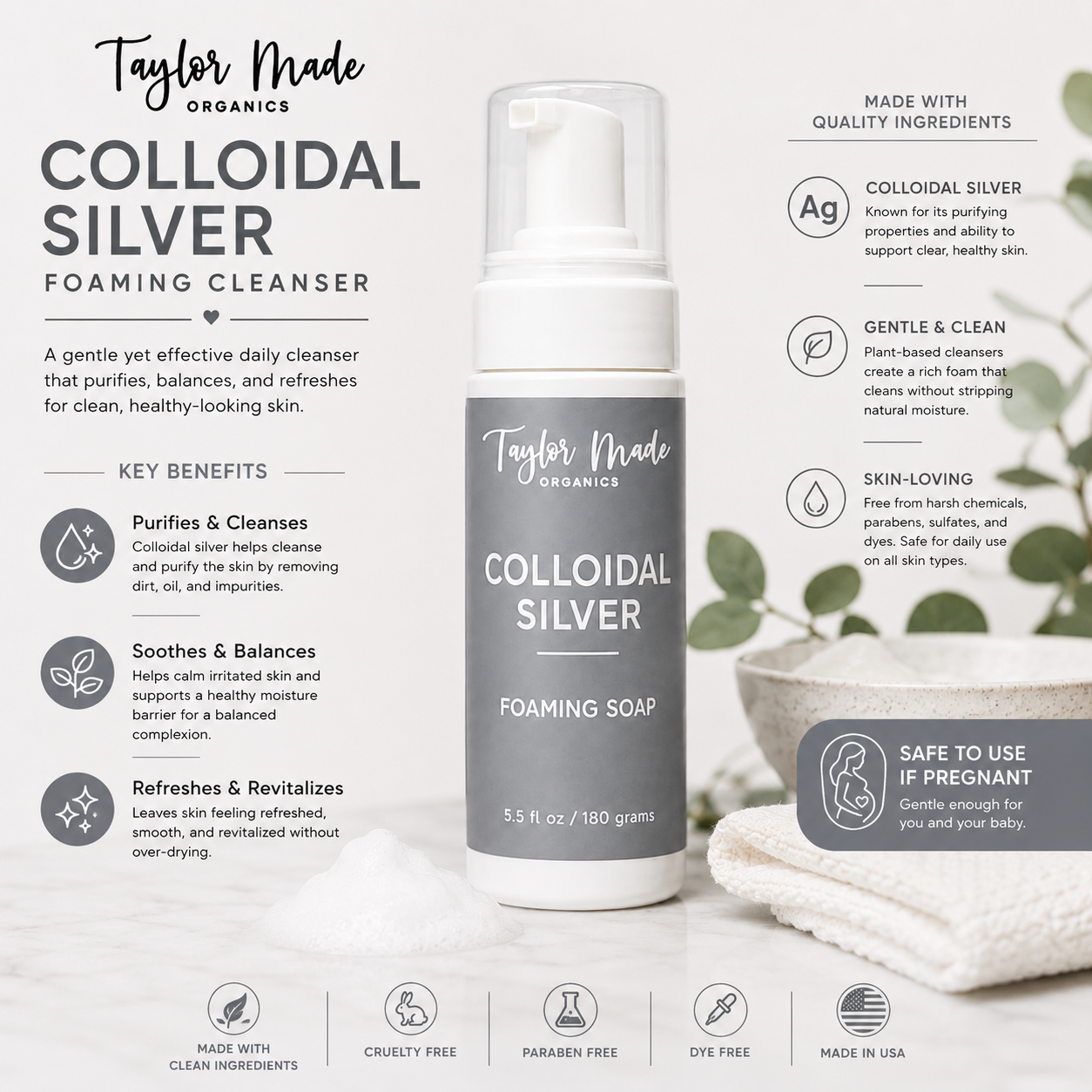 Colloidal Silver Foaming Cleanser Face, Hand & Body Wash