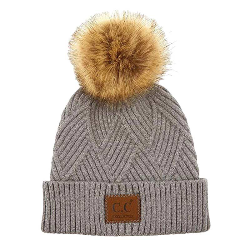C.C Women's Heather Beanie Hat With Faux Fur Pom + Suede Patch