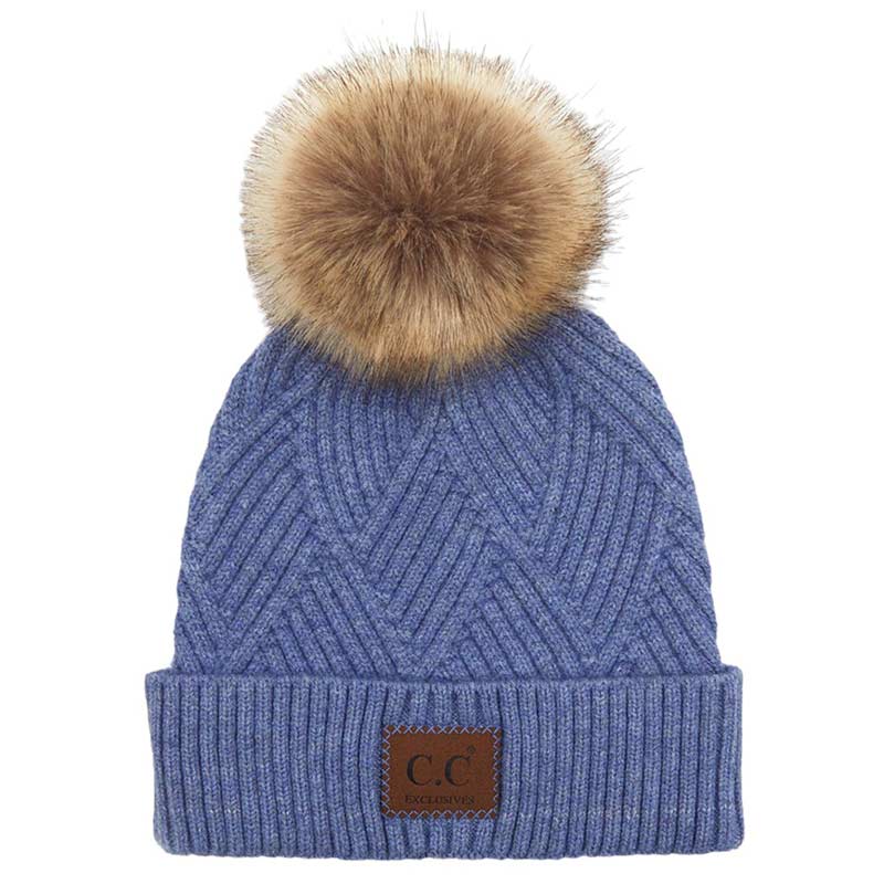 C.C Women's Heather Beanie Hat With Faux Fur Pom + Suede Patch