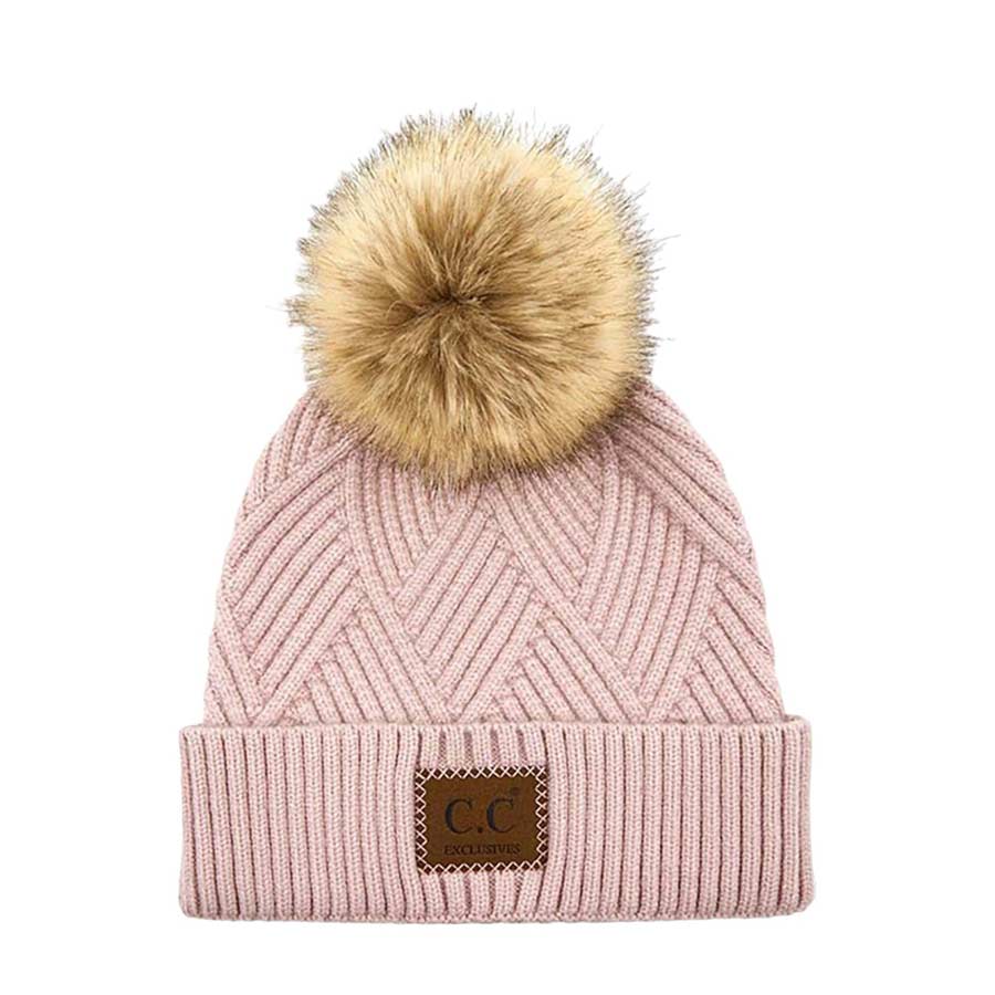 C.C Women's Heather Beanie Hat With Faux Fur Pom + Suede Patch