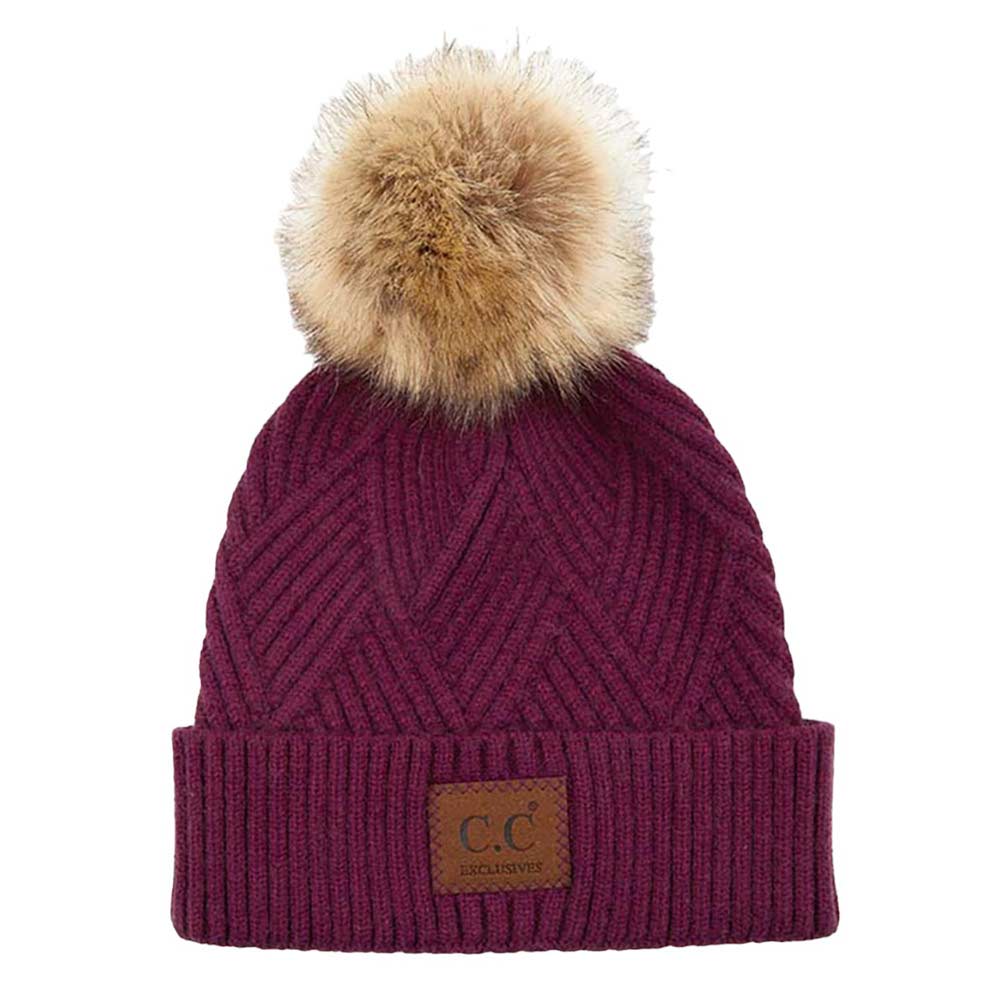 C.C Women's Heather Beanie Hat With Faux Fur Pom + Suede Patch