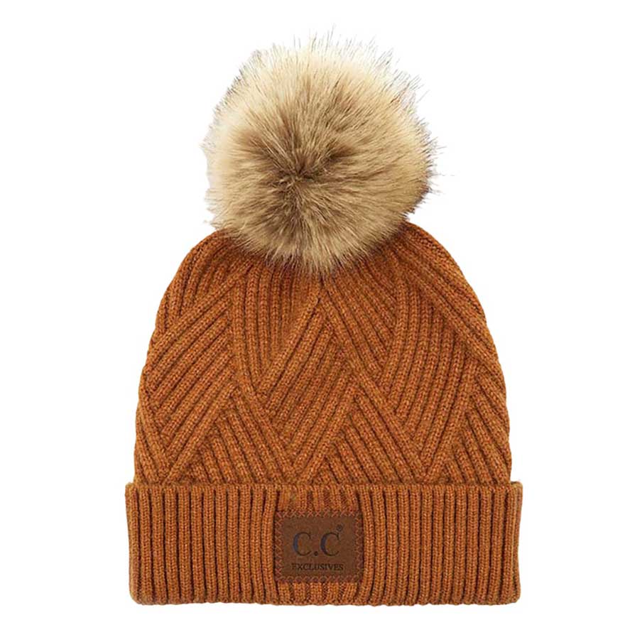 C.C Women's Heather Beanie Hat With Faux Fur Pom + Suede Patch