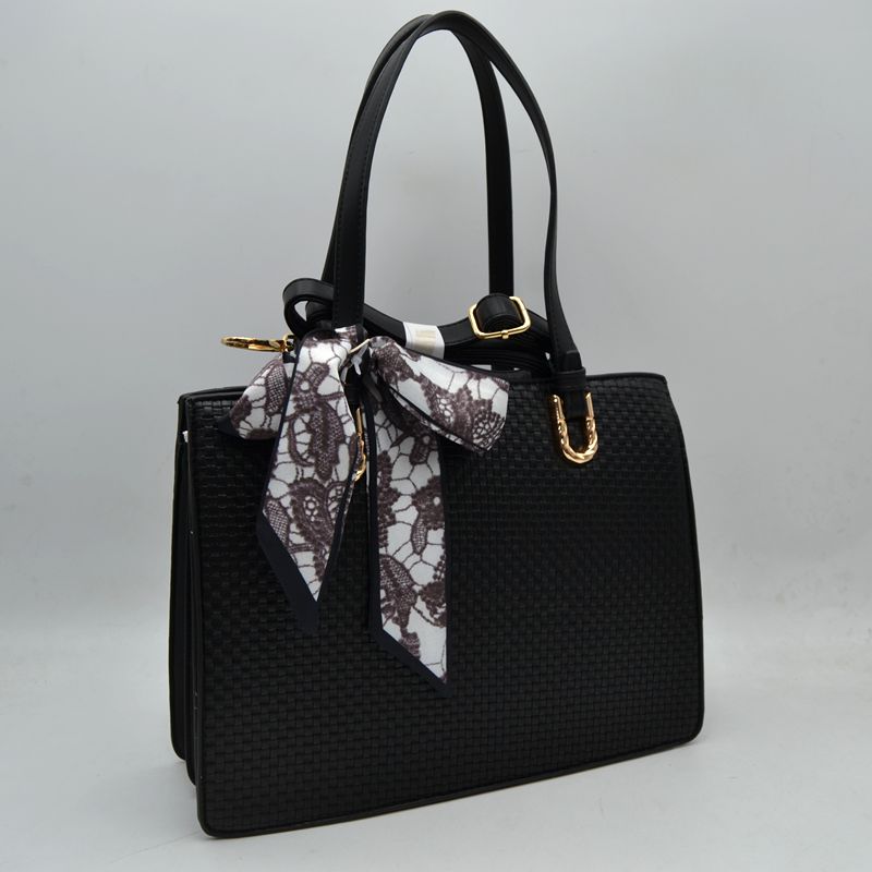 Woven Straw Satchel Bag with Detachable Shoulder Strap and Decorative Scarf Accent