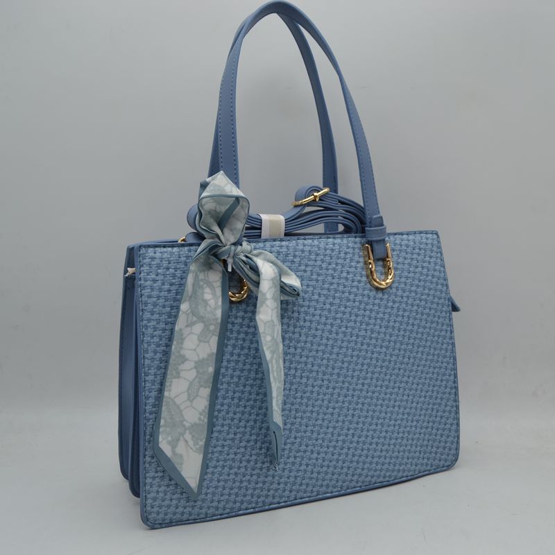 Woven Straw Satchel Bag with Detachable Shoulder Strap and Decorative Scarf Accent