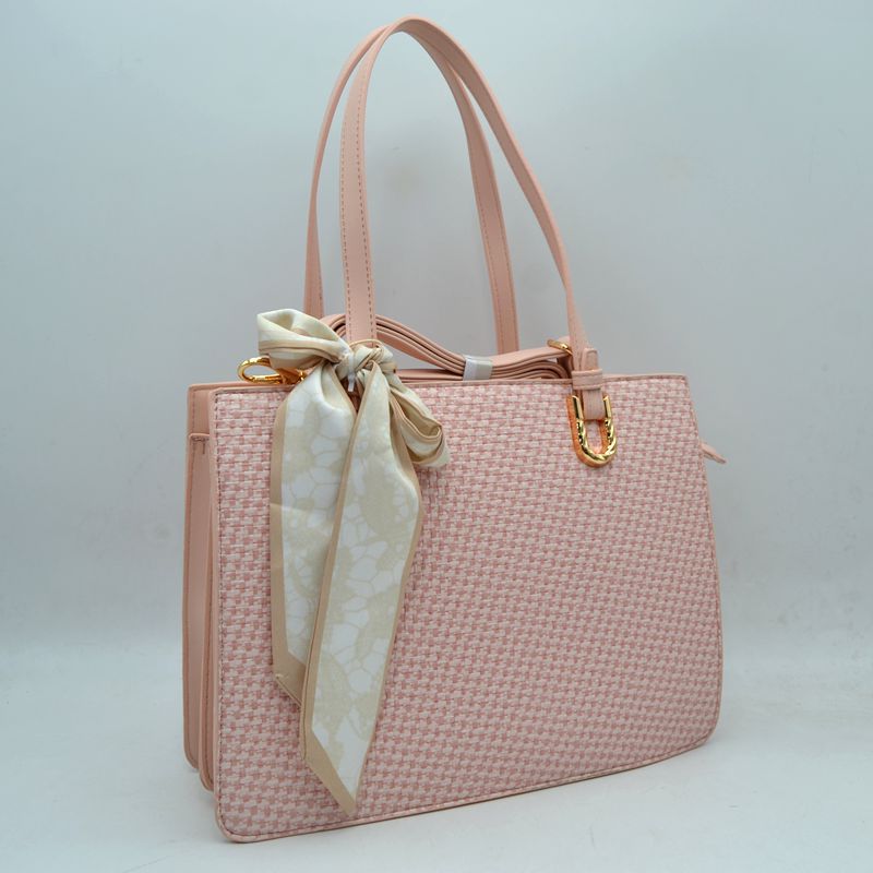 Woven Straw Satchel Bag with Detachable Shoulder Strap and Decorative Scarf Accent