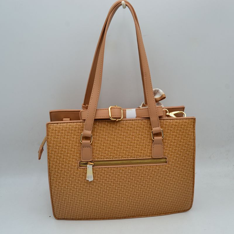 Woven Straw Satchel Bag with Detachable Shoulder Strap and Decorative Scarf Accent