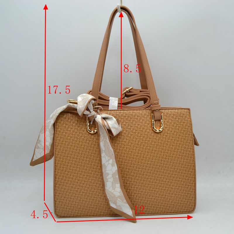 Woven Straw Satchel Bag with Detachable Shoulder Strap and Decorative Scarf Accent