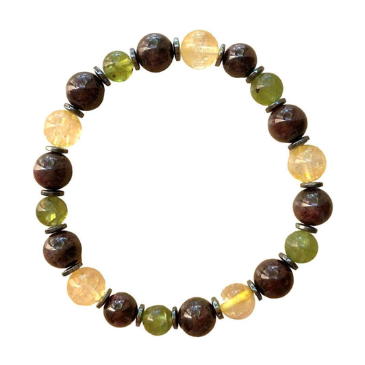 Success Manifestation Bracelet 8 mm Round Garnet and Citrine, 7 mm Peridot Beads