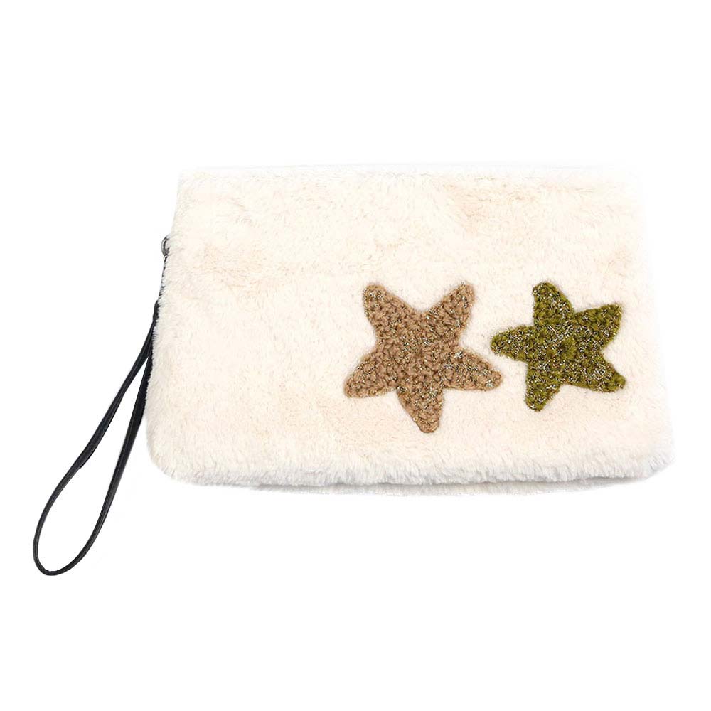 Star Patches Fuzzy Faux Fur Wristlet Clutch Bag