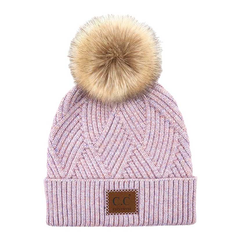 C.C Women's Heather Beanie Hat With Faux Fur Pom + Suede Patch
