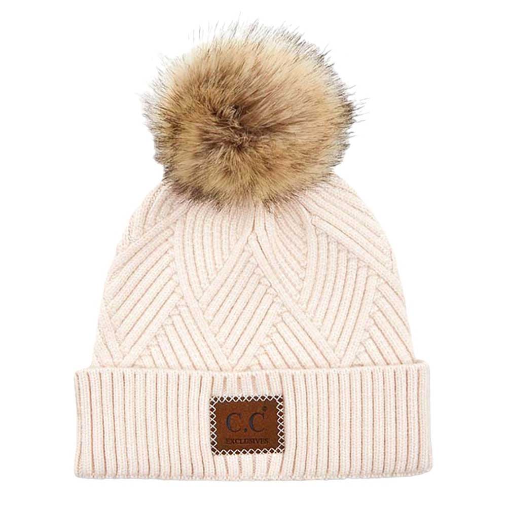 C.C Women's Heather Beanie Hat With Faux Fur Pom + Suede Patch