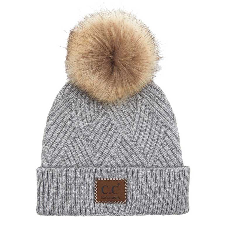 C.C Women's Heather Beanie Hat With Faux Fur Pom + Suede Patch