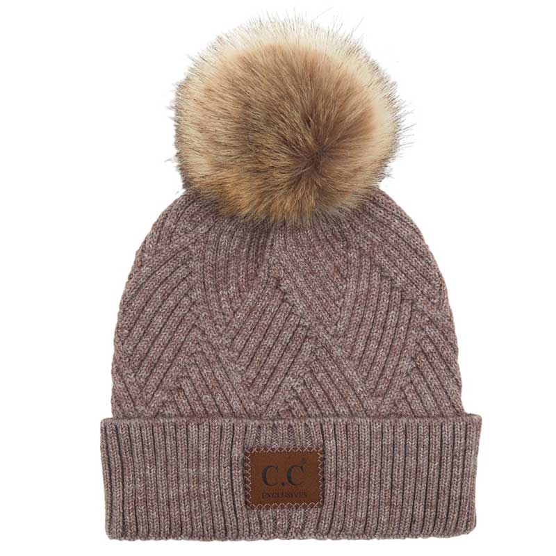 C.C Women's Heather Beanie Hat With Faux Fur Pom + Suede Patch