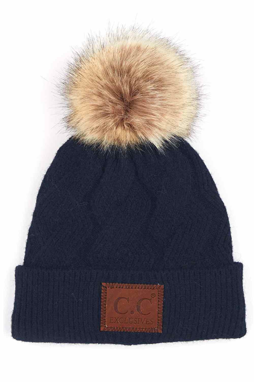C.C Geometric Cable Knit Beanie With Faux Fur Pom