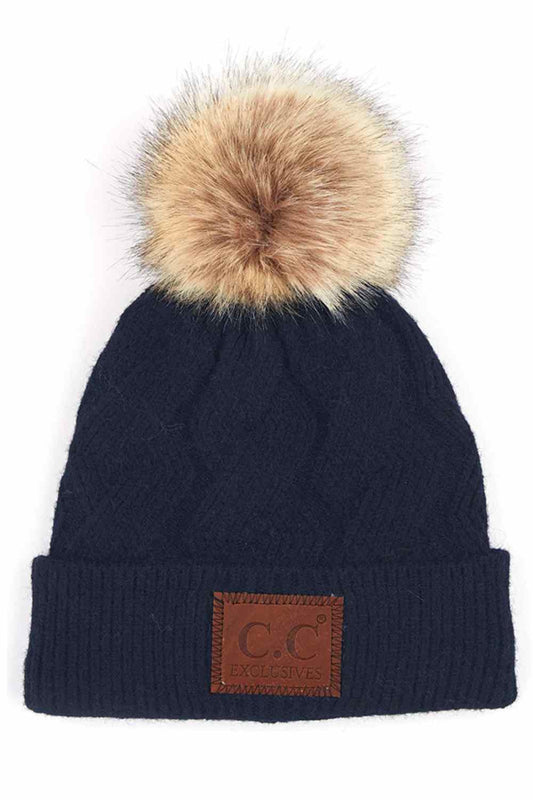 C.C Geometric Cable Knit Beanie With Faux Fur Pom
