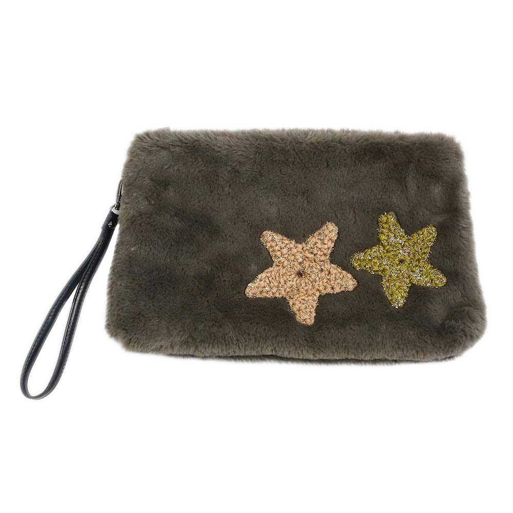 Star Patches Fuzzy Faux Fur Wristlet Clutch Bag