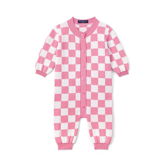 Pink Checker Baby Knit Button Romper