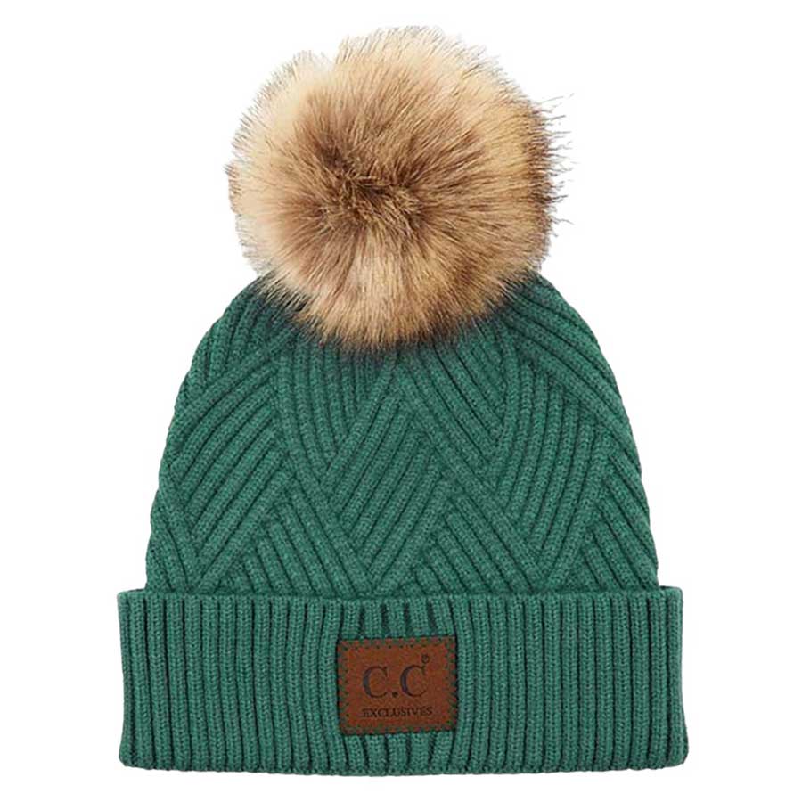 C.C Women's Heather Beanie Hat With Faux Fur Pom + Suede Patch