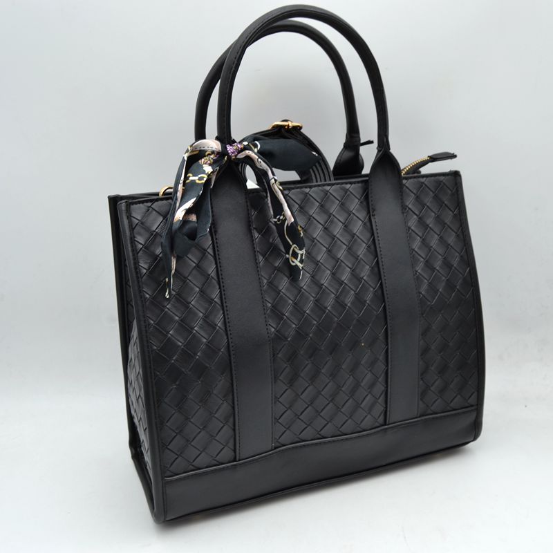 Woven Texture Tote Bag with Dual Top Handles and Scarf Accent