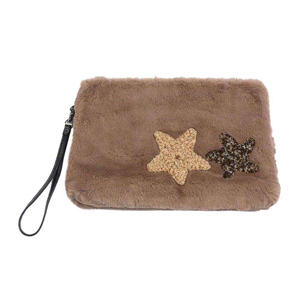 Star Patches Fuzzy Faux Fur Wristlet Clutch Bag
