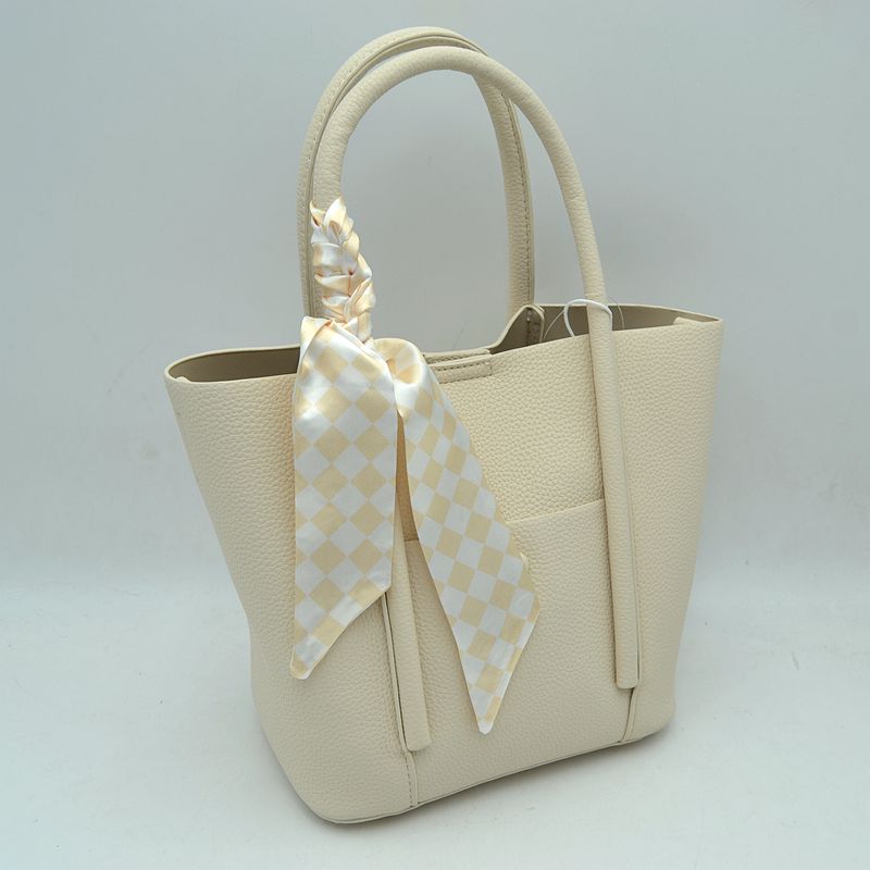 Classic Pebbled Tote Bag with Front Pocket and Checkered Scarf Accent